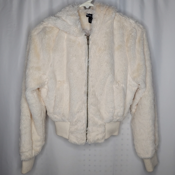 Y2K Faux Fur Bomber Jacket Hooded Pocket Zip Lined Long Sleeve Cream Small 2000s - Picture 1 of 7